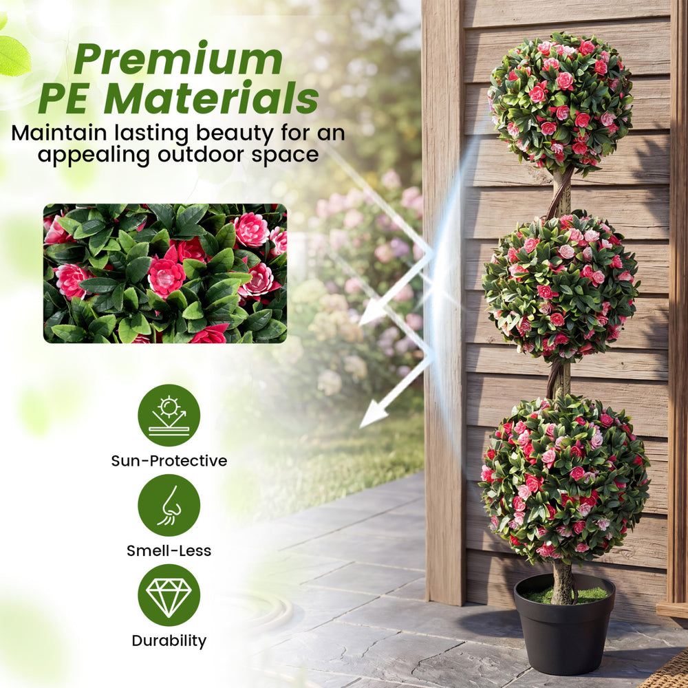 Set of 2 artificial triple ball rose topiary trees with lifelike blooms, made from premium PE materials for outdoor use.