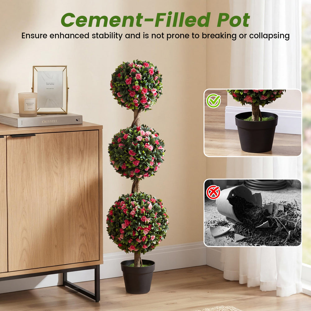 Triple-ball artificial rose topiary tree in a cement-filled pot, featuring lifelike blooms and dense foliage for.