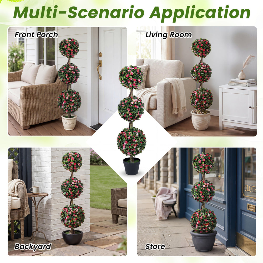 Set of 2 artificial triple ball rose topiary trees with lifelike blooms, perfect for front porches or backyards.