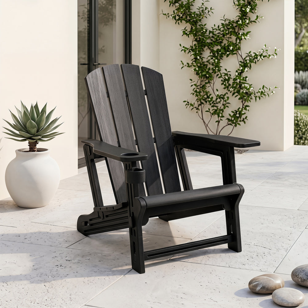 Black HDPE Adirondack chair with realistic wood grain, featuring a cup holder, perfect for backyard relaxation.