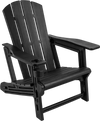 Black HDPE Adirondack chair with realistic wood grain, featuring a cup holder and wide seat for backyard relaxation.