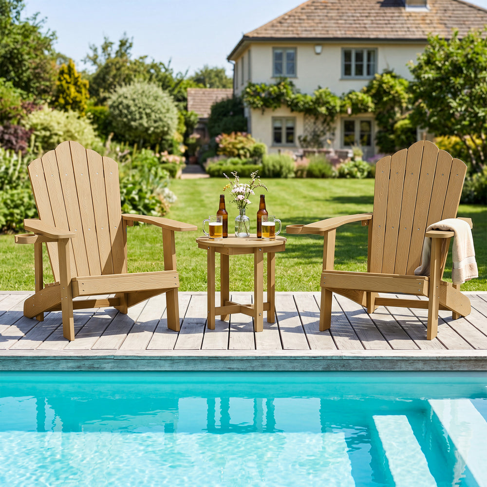 HIPS Adirondack side table with a slatted wood-grain top, perfect for poolside relaxation and outdoor gatherings.