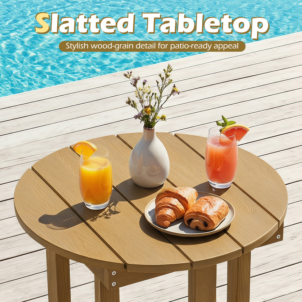 Round HIPS Adirondack side table with slatted wood-grain tabletop, perfect for outdoor patio use and easy maintenance.