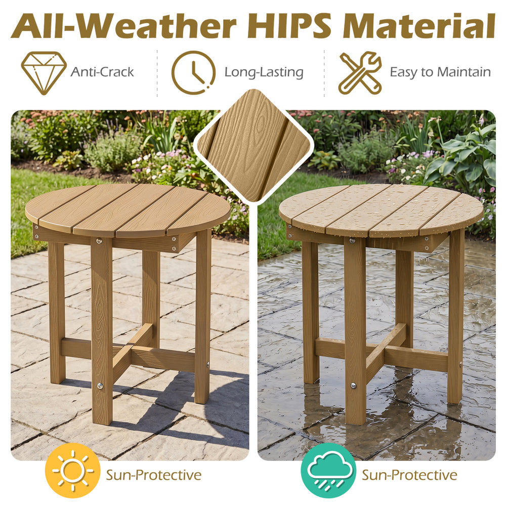 HIPS Adirondack side table features a slatted wood-grain design, waterproof top, and sun-protective finish for outdoor use.