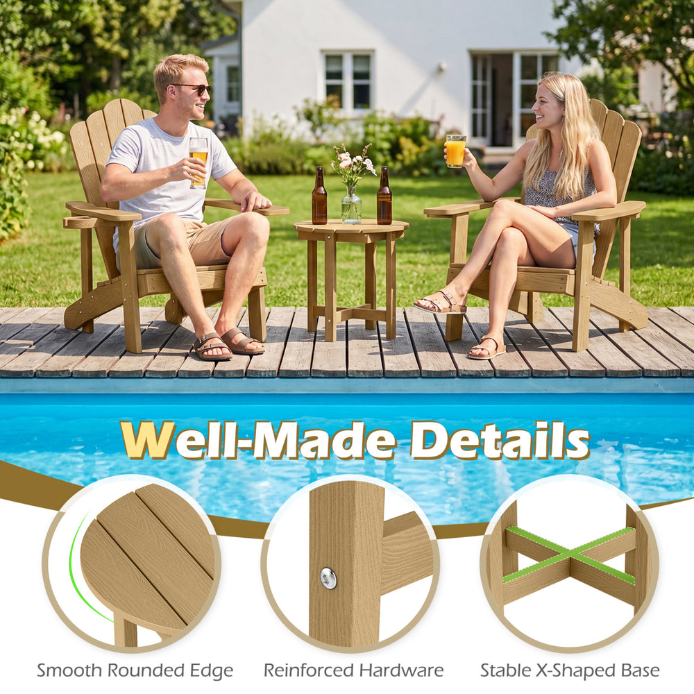 Adirondack side table with weather-resistant HIPS material, slatted wood-grain top, and stable X-shaped base for outdoor use.