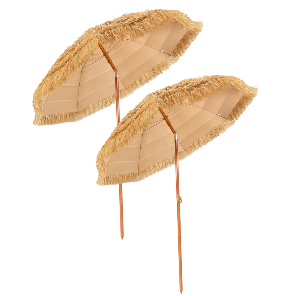Two 6.5 feet portable thatched tiki beach umbrellas with adjustable tilt, perfect for outdoor relaxation and sun protection.