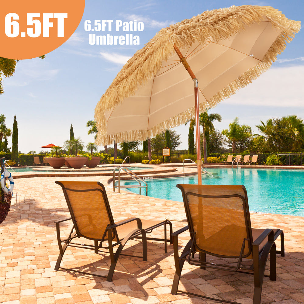 6.5FT portable thatched tiki beach umbrella with adjustable tilt for outdoor relaxation by the pool or beach.