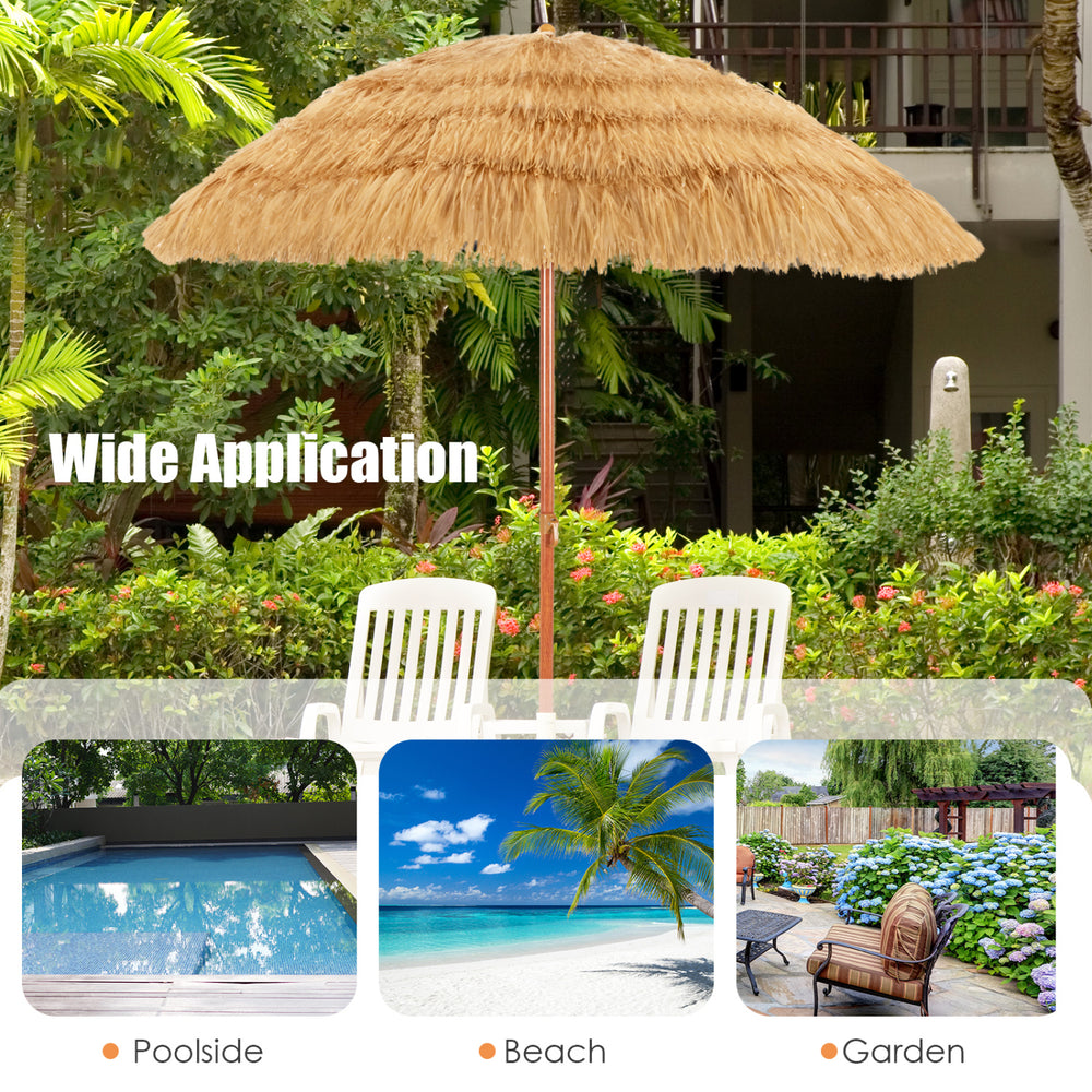 Portable 6.5 feet thatched tiki beach umbrella with adjustable tilt for sun protection in outdoor spaces.
