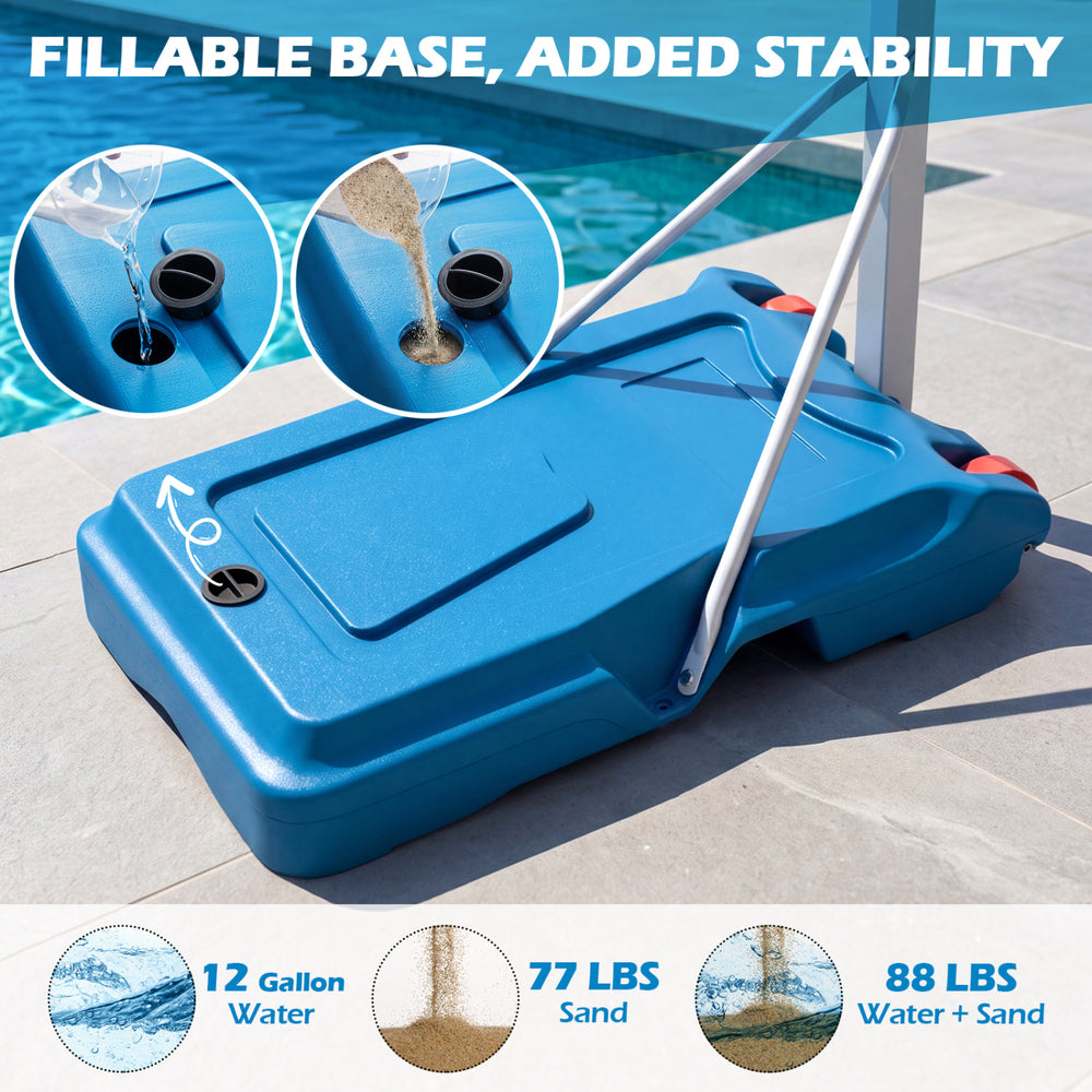 Stable blue base for the adjustable pool basketball hoop, fillable with 12 gallons of water or sand for added stability.