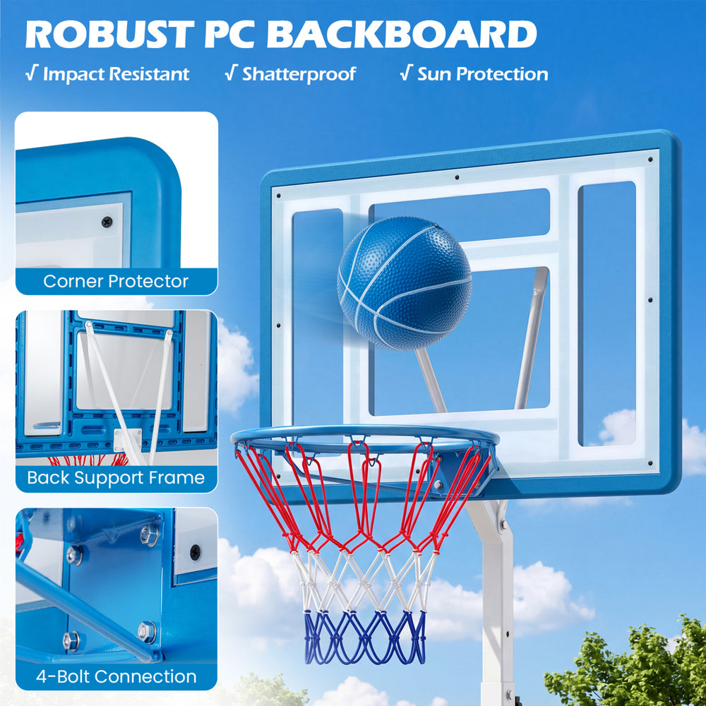 Robust shatterproof PC backboard with corner protector and support frame for adjustable pool basketball hoop.