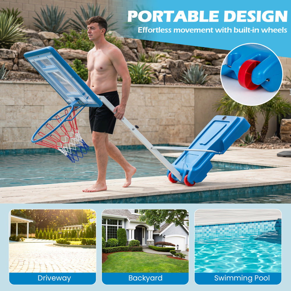 Adjustable 3.3-3.9 feet pool basketball hoop with shatterproof backboard and built-in wheels for easy movement.