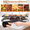 2-in-1 table grill and griddle with reversible nonstick plate, featuring 8 cheese pans for convenient group meals.