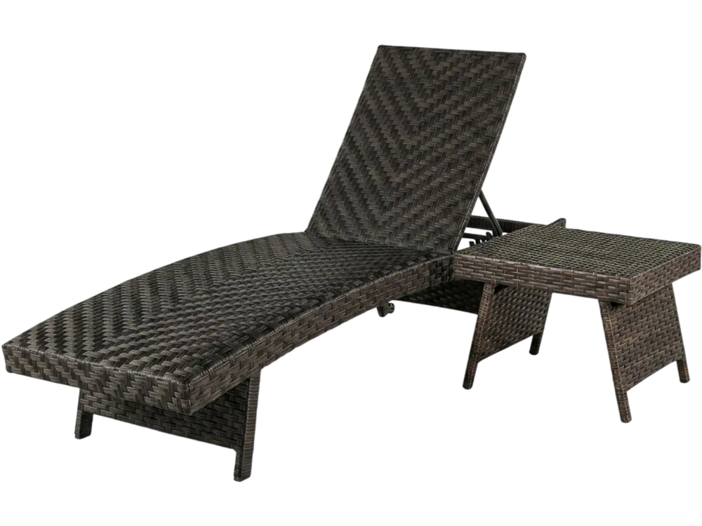 2-Piece Folding Padded Rattan Patio Chaise Lounge with Side Table Set