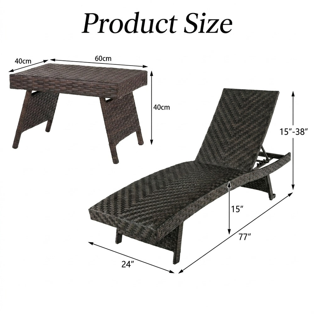 Folding padded rattan chaise lounge with side table, featuring a durable metal frame and adjustable backrest for outdoor comfort.