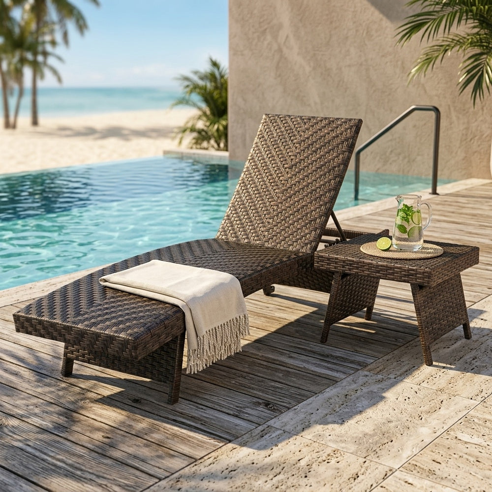 Folding padded rattan chaise lounge with side table set, featuring a 5-position adjustable backrest for outdoor relaxation.