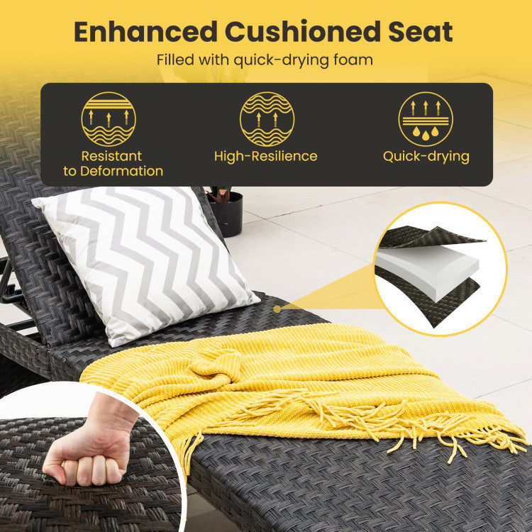 Cushioned seat detail of the 2-piece folding rattan patio chaise lounge set with quick-drying foam for outdoor comfort.
