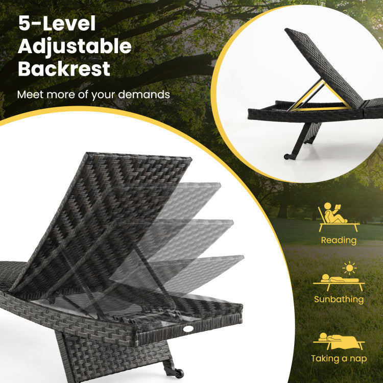 Adjustable backrest of the 2-piece folding padded rattan patio chaise lounge set for reading, sunbathing, or napping.