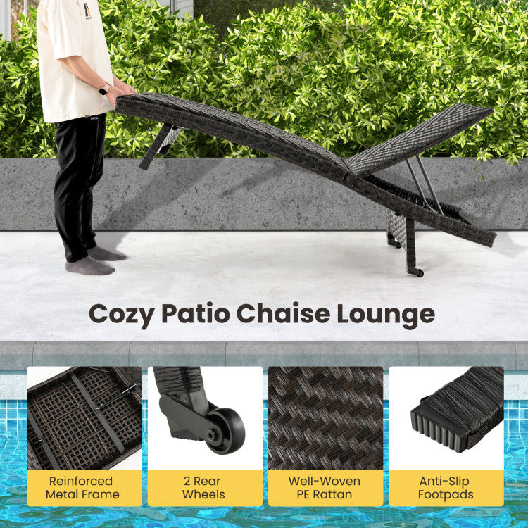 Folding padded rattan chaise lounge with side table features a durable metal frame and adjustable backrest for outdoor comfort.
