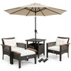 3-piece patio lounge bundle featuring a 5-piece PE rattan set, side table, and 7.5 ft tilt market umbrella for outdoor comfort.