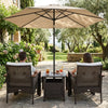 The 7.5 ft tilt market umbrella provides ample shade over the elegant acacia wood tabletop and wicker side table for relaxation.