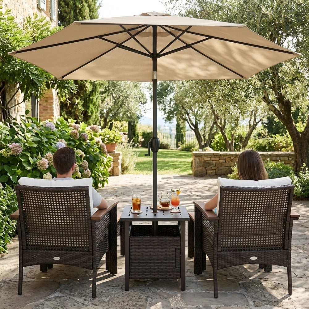 The 7.5 ft tilt market umbrella provides ample shade over the elegant acacia wood tabletop and wicker side table for relaxation.