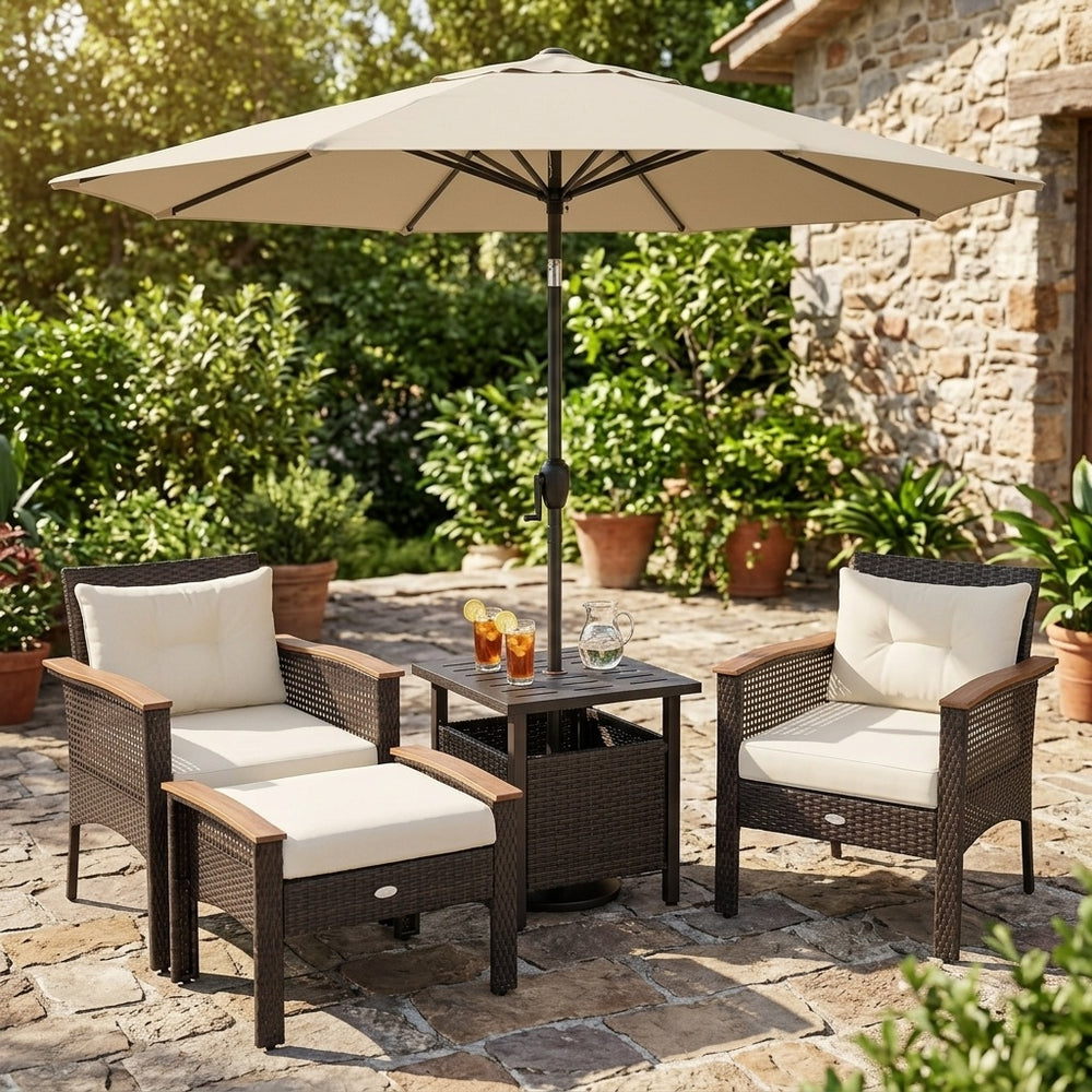 The 3-piece patio lounge bundle features a PE rattan conversation set with a 7.5 ft umbrella for outdoor gatherings.