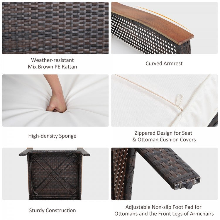 Curved armrest detail of the 3-piece patio lounge bundle featuring weather-resistant mix brown PE rattan for outdoor comfort.