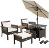 3-Piece Patio Lounge Bundle with 5-Piece PE Rattan Conversation Set, Wicker Umbrella Side Table & 7.5 FT Tilt Market Umbrella