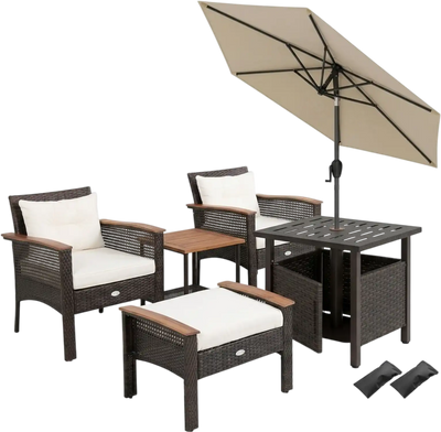 Costway 3-Pc Patio Lounge Set PE Rattan Conversation Set Umbrella Table 7.5' Tilt Market Umbrella 42797844 New