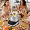 Electric fondue pot set with 3L removable stainless steel pot and 6 color-coded forks, perfect for gatherings and parties.