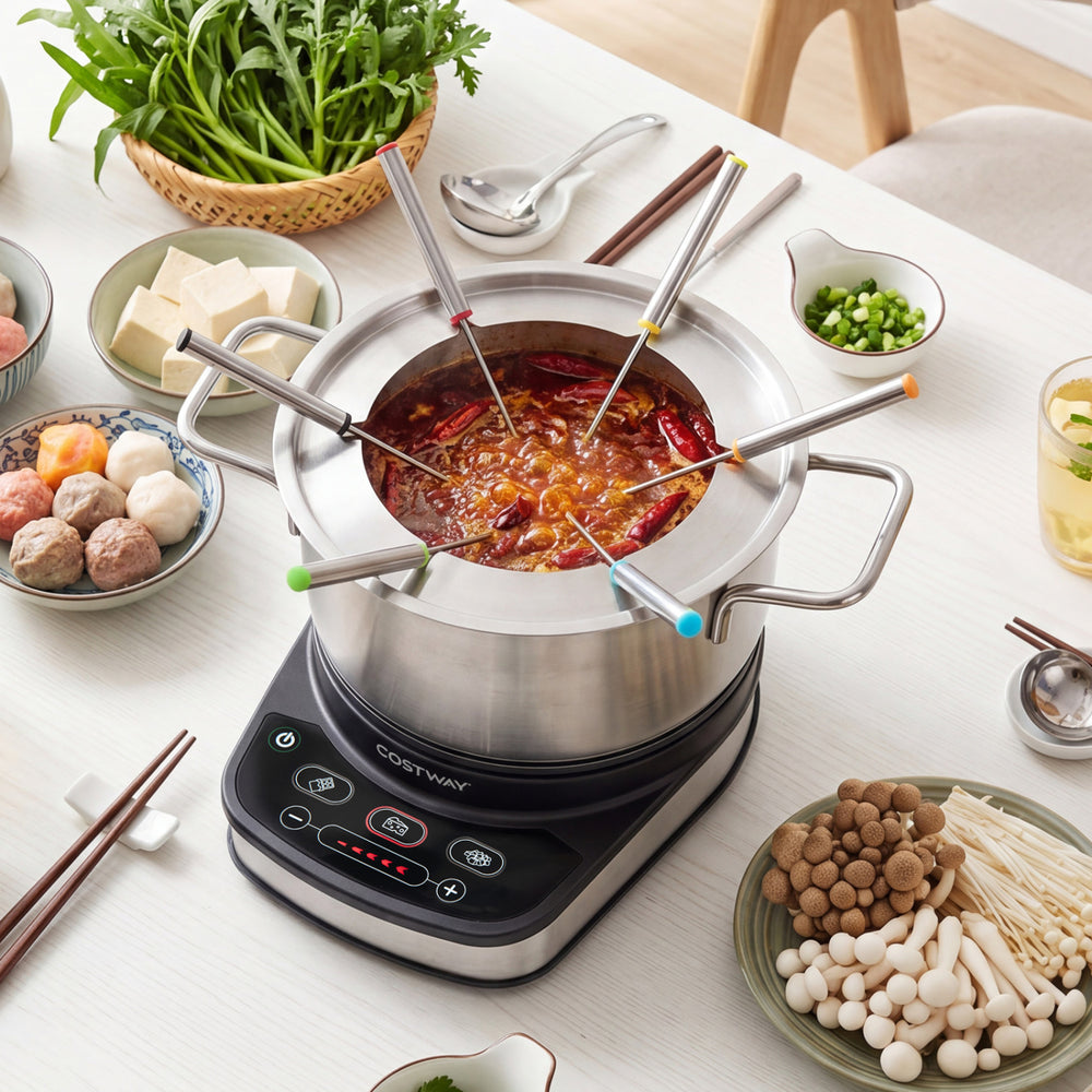 Stainless steel 1200W electric fondue pot with 3L capacity, color-coded forks, and adjustable temperature for gatherings.