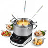 Electric fondue pot set with a 3 L stainless steel pot, six color-coded forks, and 15 temperature levels for parties.