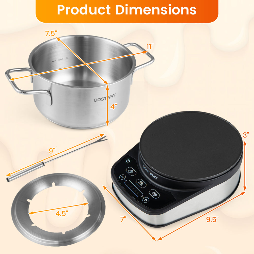 Product dimensions of the 1200W Electric Fondue Pot Set with a 3 L stainless steel pot and color-coded forks for easy serving.