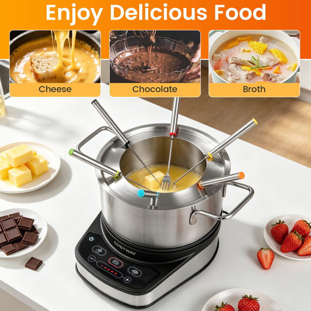 Electric fondue pot set with a 3 L stainless steel pot, 6 color-coded forks, and 1200W for easy melting and heating.