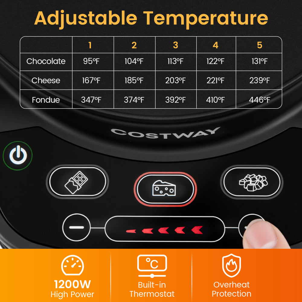 Electric fondue pot with 3 L removable stainless steel pot, 1200W power, and 15 adjustable temperature levels for versatile cooking.