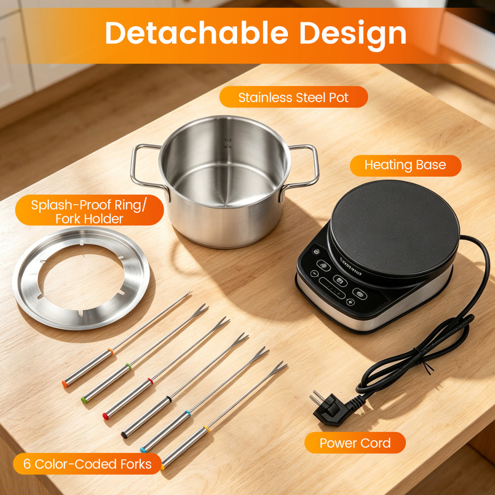 Electric fondue pot set with a 3 L stainless steel pot, 6 color-coded forks, and detachable design for easy use.