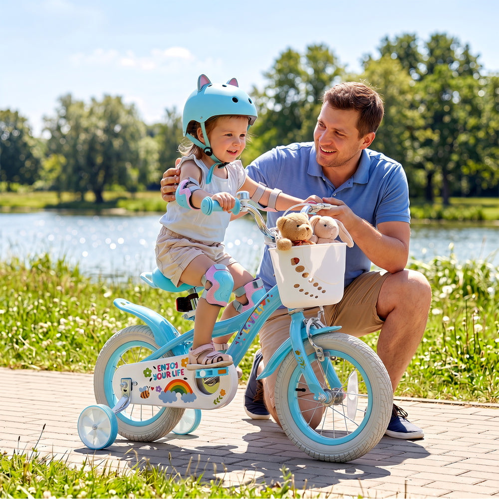 12-inch girls bike in blue with training wheels, basket, and adjustable seat for kids aged 3-4, perfect for outdoor fun.
