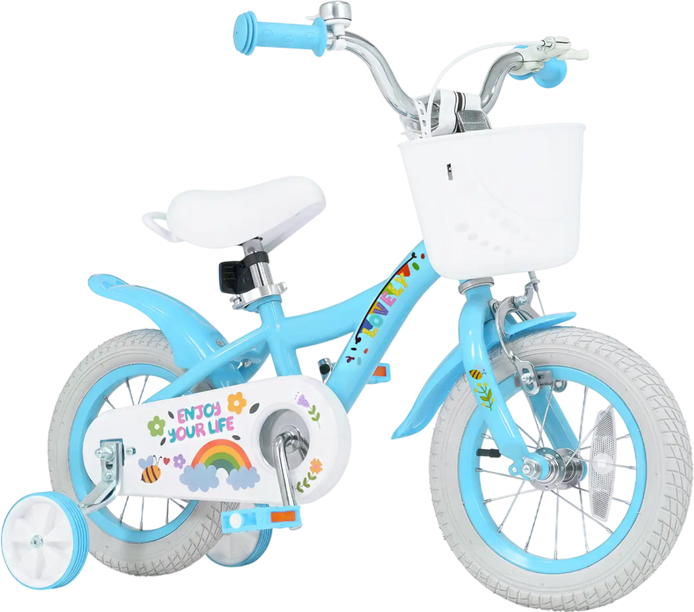 Blue 12-inch girls bike with training wheels, basket, and adjustable seat for kids aged 3-4 years, perfect for learning to ride.