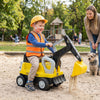 Kids ride-on tractor in yellow with digging arm, detachable trailer, and interactive controls for outdoor fun.