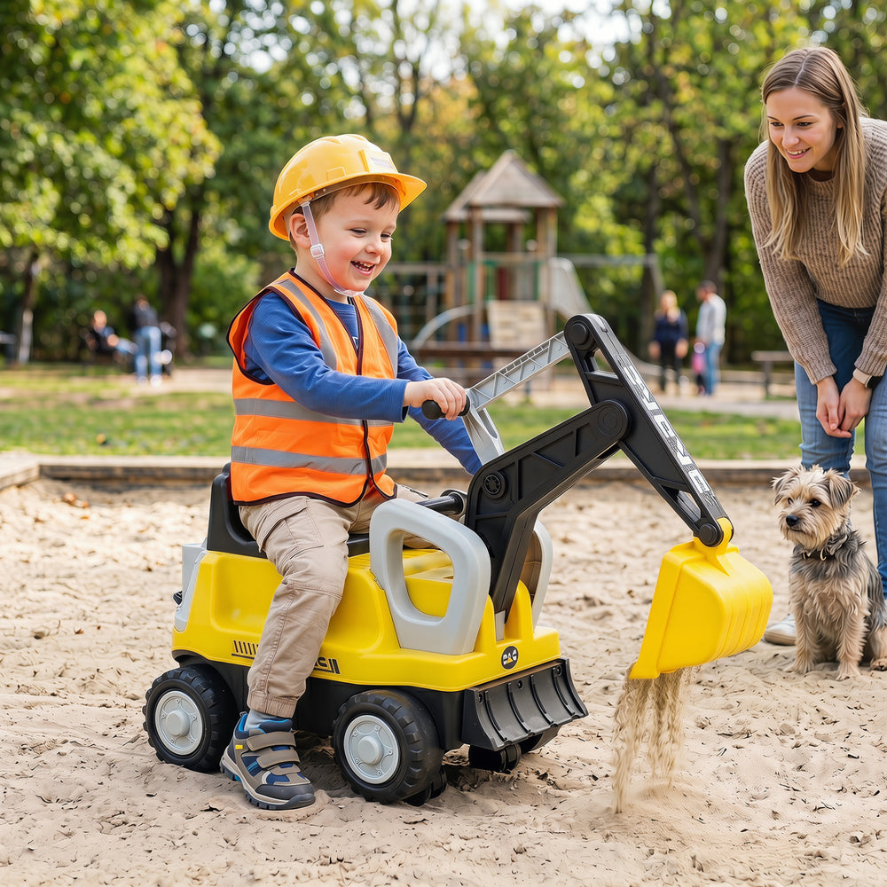 Kids ride-on tractor in yellow with digging arm, detachable trailer, and interactive controls for outdoor fun.