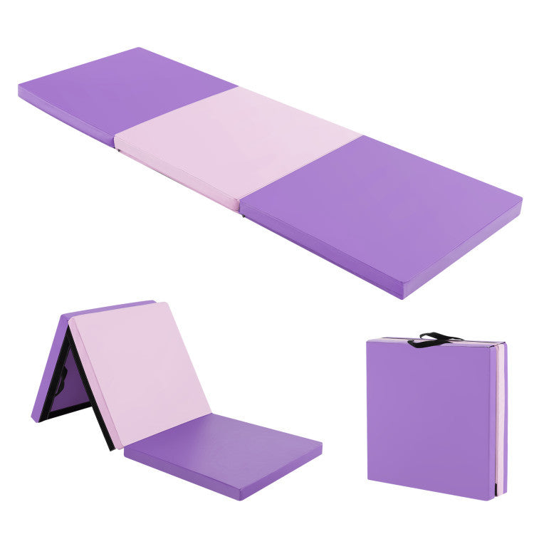 Purple octagon tumbling mat set with tri-fold design, ideal for gymnastics, cheerleading, and yoga practice.