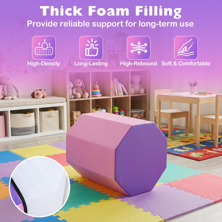 Octagon tumbling mat in pink and purple, featuring high-density foam filling for gymnastics and fitness training.