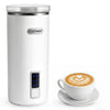 Home espresso coffee station set featuring a white milk frother and a latte art coffee cup for café-style beverages.