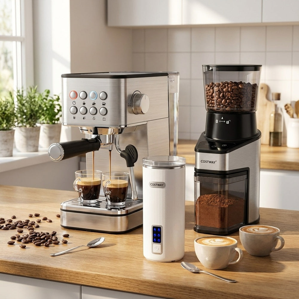 Espresso machine with 20-bar pressure, conical burr grinder, and milk frother for creating rich coffee drinks at home.