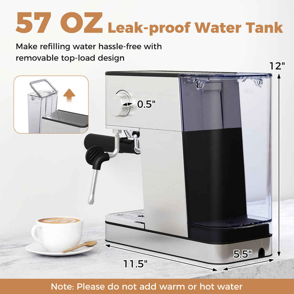 Home Espresso Coffee Station features a 57 oz leak-proof water tank for hassle-free refilling and compact countertop use.