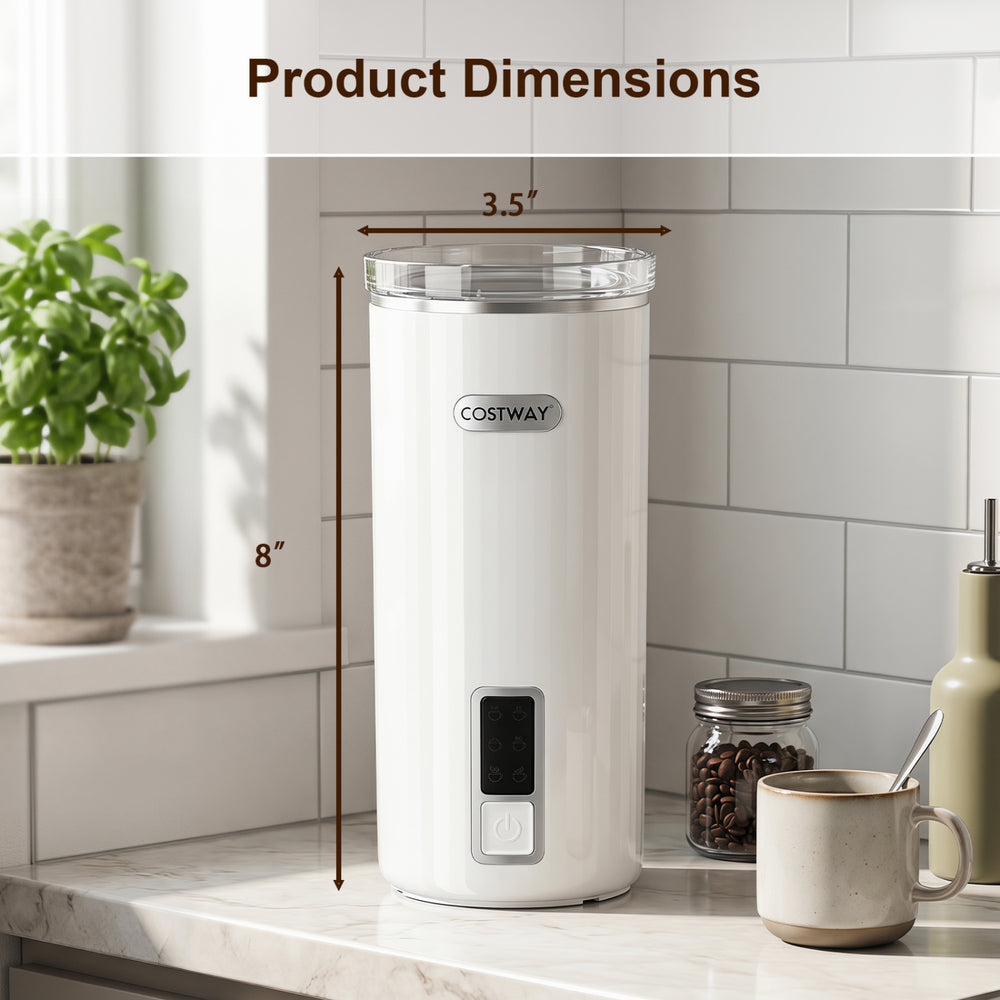 Home Espresso Coffee Station dimensions showing a compact design at 3.5" wide and 8" tall for kitchen countertops.