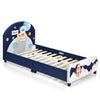 Upholstered twin platform bed with astronaut theme, featuring a soft headboard and toy storage organizer for kids' rooms.