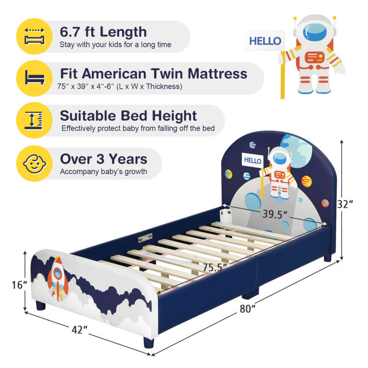 Space-themed kids upholstered platform bed with toy storage organizer, featuring a padded headboard and stable wooden slats.