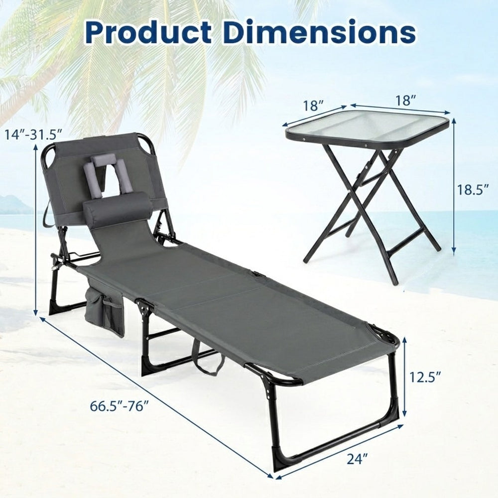 Folding lounge chair with adjustable backrest and patio side table, perfect for sunbathing and outdoor relaxation.