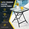 Square patio side table with tempered glass top, foldable design, and rustproof steel frame for outdoor convenience.